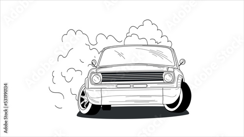 Drift car, smoke from under the wheels. Drift racing team. Realistic vector illustration for sticker, badge or poster
