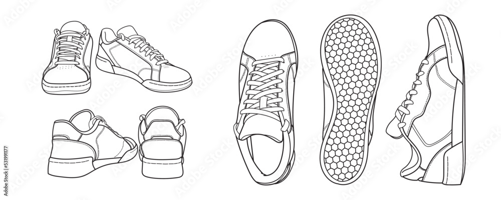 Set of hand drawn sneakers, gym shoes, top view. Image in different views -  front, back, top, side, sole and 3d view. Doodle vector illustration. Stock  Vector | Adobe Stock