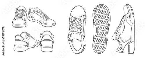 Set of hand drawn sneakers, gym shoes, top view. Image in different views - front, back, top, side, sole and 3d view. Doodle vector illustration. 