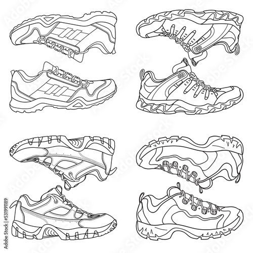 Set of vector hand drawing illustration with adventures shoes, trekking sneakers, gym shoes, side view. Doodle illustration