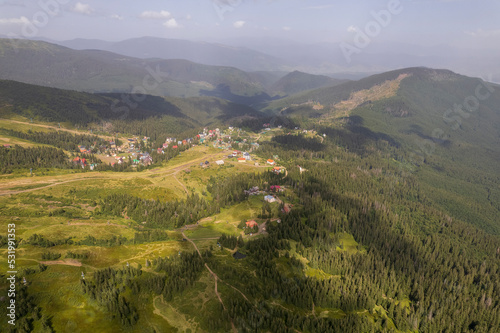 Green forest with fir trees and a meadow near the mountain village Dragobrat, Western Ukraine, Europe