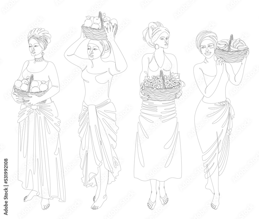 Collection. Silhouettes of a girl in a headscarf. The lady holds in her hands a basket with bananas and apples, grapes, oranges Woman in a modern one line style, contour. Vector illustration, set. Collection. Silhouettes of a girl in a headscarf. The lady holds in her hands a basket with bananas and apples, grapes, oranges Woman in a modern one line style, contour. Vector illustration, set.