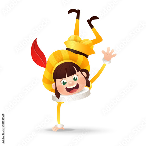 Cute girl in yellow costume standing on one hand - Sinterklaas friend - vector illustration isolated