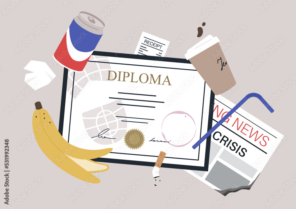 A top view of a diploma thrown out in a garbage bin together with a cigarette butt, banana peel, a paper cup of coffee, a metal can, a plastic straw and other trash - obrazy, fototapety, plakaty 