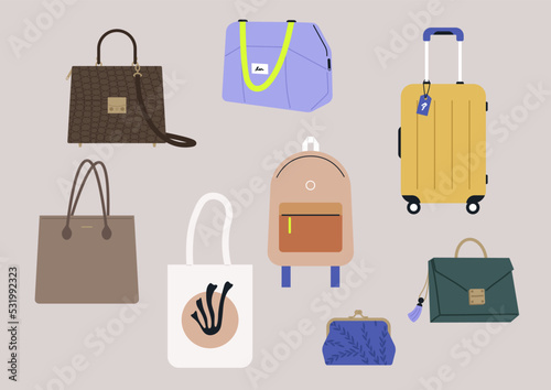 A set of bags of different size, color, and style, casual and fancy, travel and sport