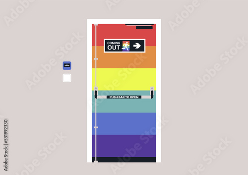 A coming out scenario stylized as an emergency exit door with a character on a sign running through a rainbow doorway