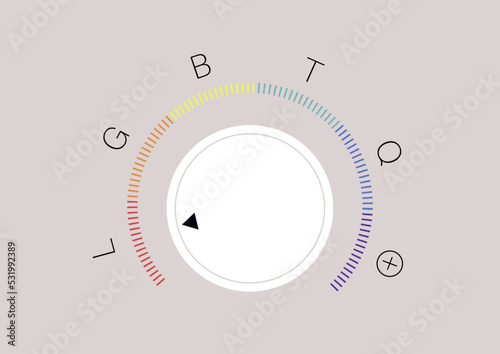 a round amplifier knob with a rainbow spectrum and LGBTQ+ symbols indicating different gender identities