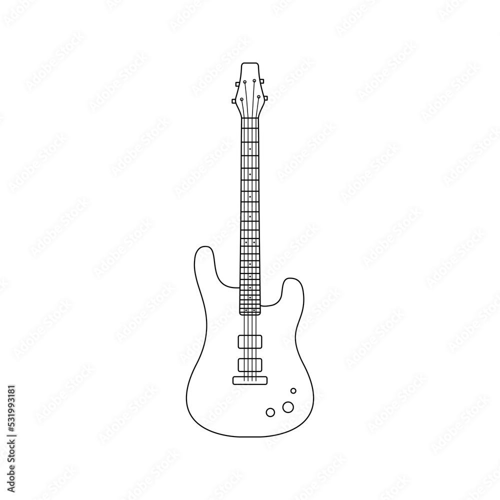 Black outline electric bass guitar isolated on white background. Vector illustration