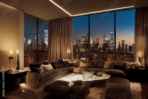 Concept art illustration of luxury apartment living room interior in New York city