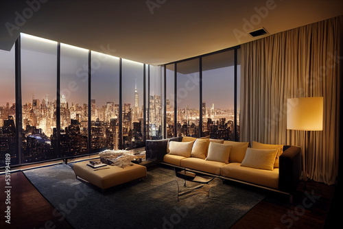 Concept art illustration of luxury penthouse living room interior in New York city