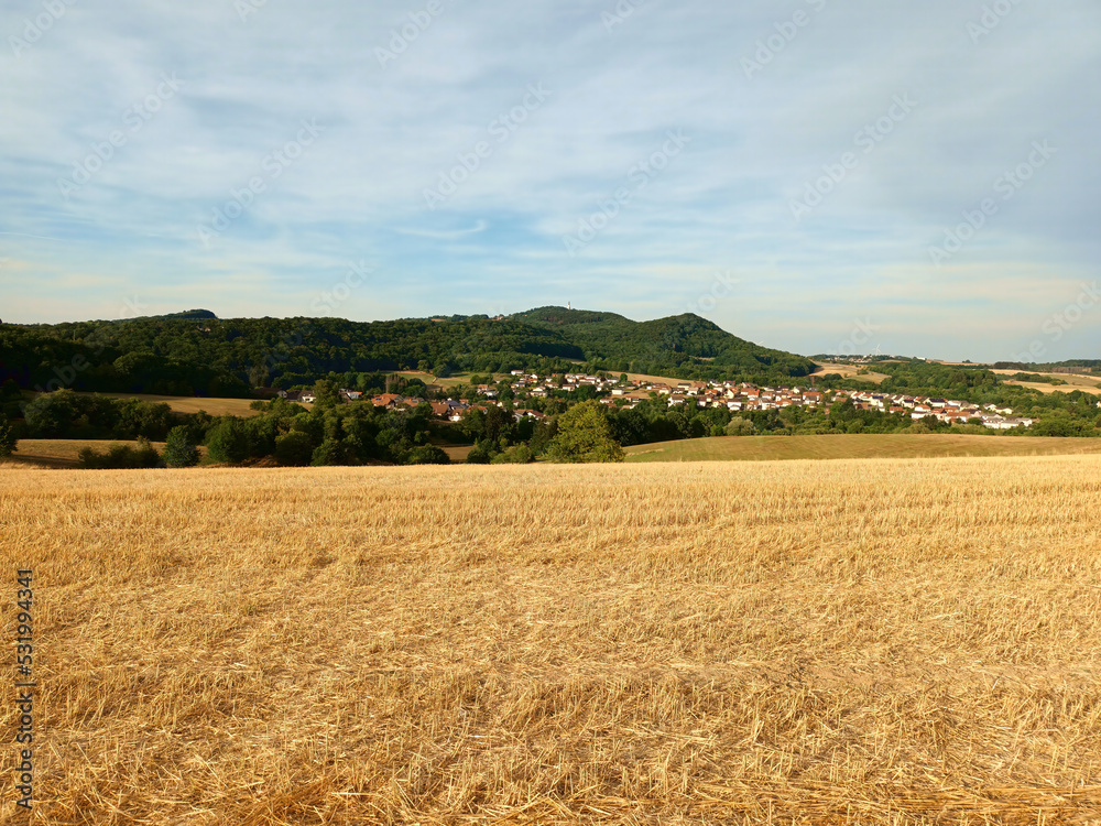 Blick auf den Ort Bergweiler, Gemeinde Tholey Landkreis St. Wendel, Saarland. Im Hintergrund ist der Schaumberg zu sehen. 