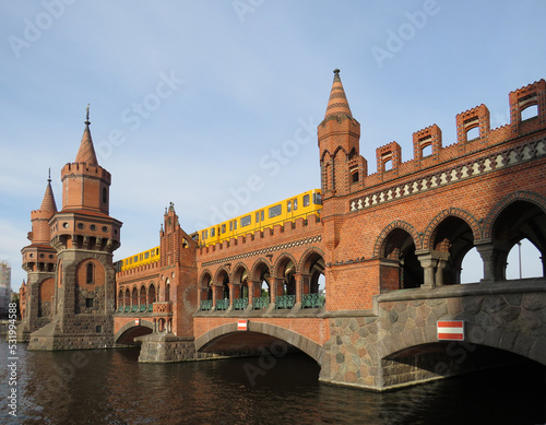 General view of the Oberbaum Bridge over the Spree River in the city of Berlin. Germany.