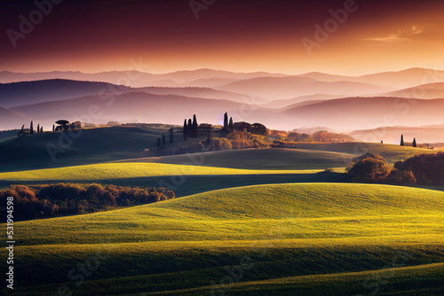 Beautiful mediterranean landscape at sunset  italy spain green hills  calm warm colors nature background  3d render  3d illustration