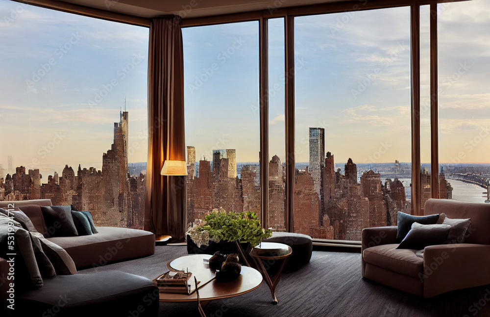 Concept art illustration of New York City luxury penthouse - obrazy, fototapety, plakaty 