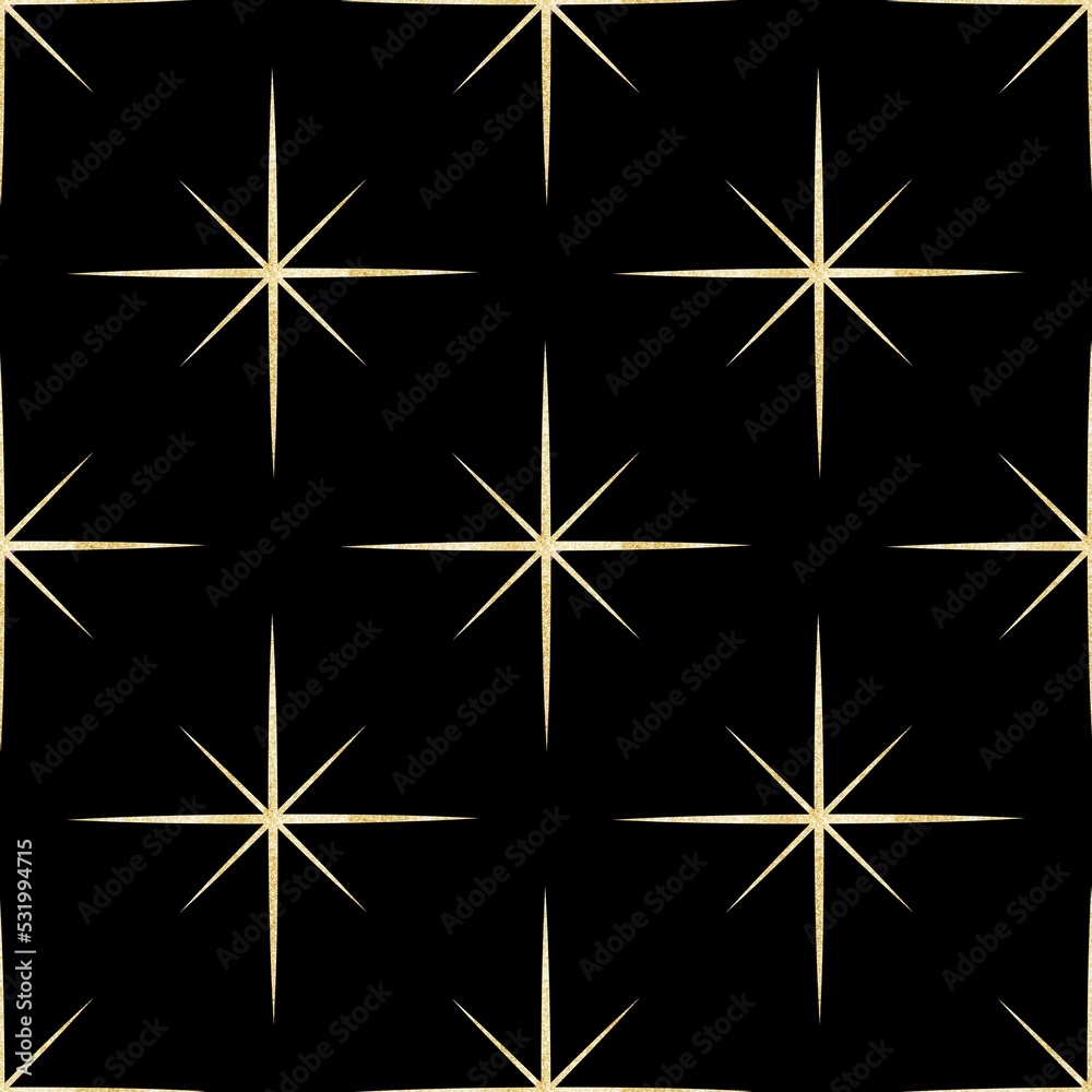 Golden stars, gold texture. Seamless repeat pattern. Isolated illustration, black background. Asset for banner, cards, montage, collage. Christmas and New Year concept.	