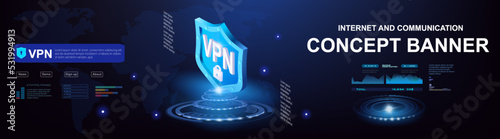 VPN smart security concept banner. Internet and communications. Futuristic shield with a hologram and VPN inscription. Protection and security of digital data. VPN logo. Secure virtual network