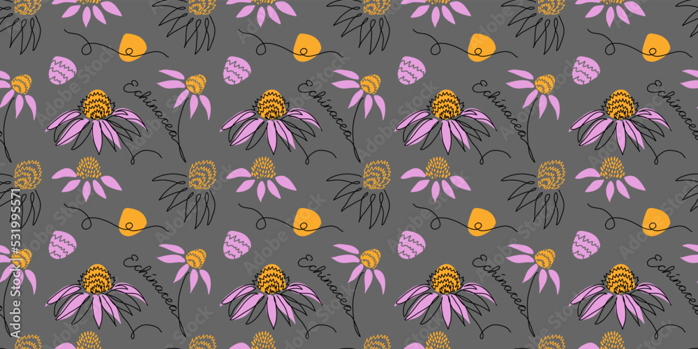 Fototapeta premium Purple echinacea, coneflower seamless vector pattern. One continuous line art drawing pattern with echinacea flower