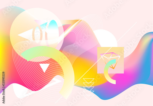 Abstract multicolor background with flat primitive geometric shapes and mash gradient. Bright light vector illustration.