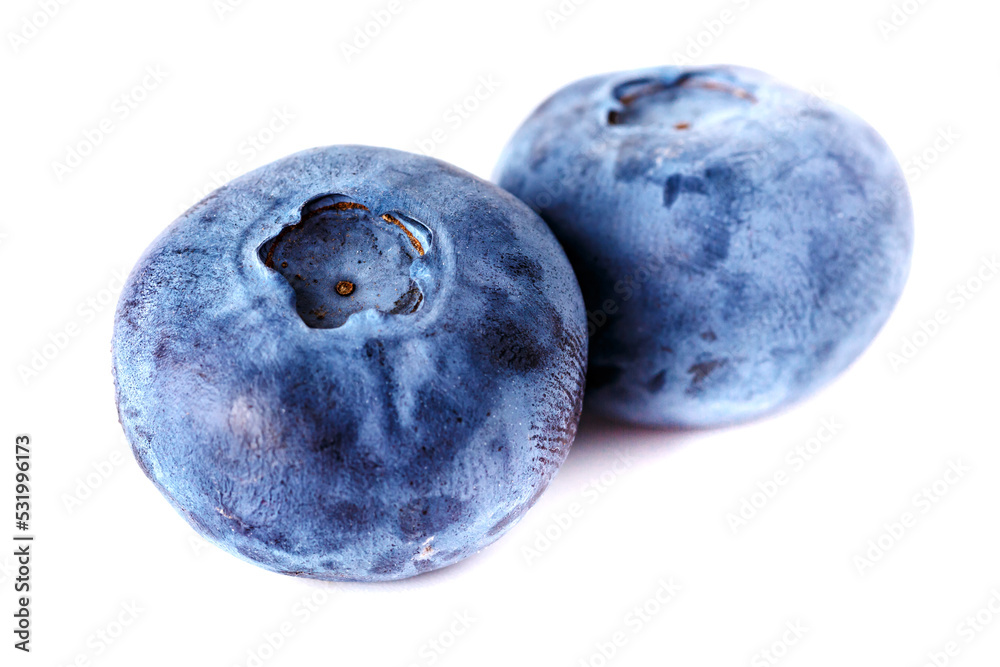 Obraz premium Blueberry isolated on white background. Vegan and vegetarian concept. Macro texture of blueberry berries.Texture blueberry berries close up. Blueberry with leaves.