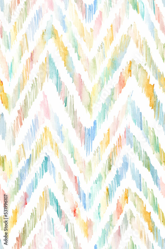 Hand painted watercolor wavy ikat chevron allover seamless repeat pattern in multicolor 
