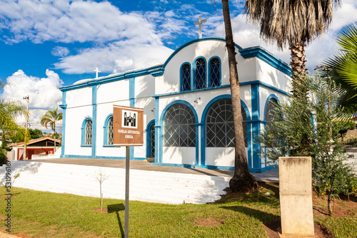 Facade and garden of the Greek Orthodox Church Panaghya Tsambika in the city of Lins, state of Sao Paulo photo