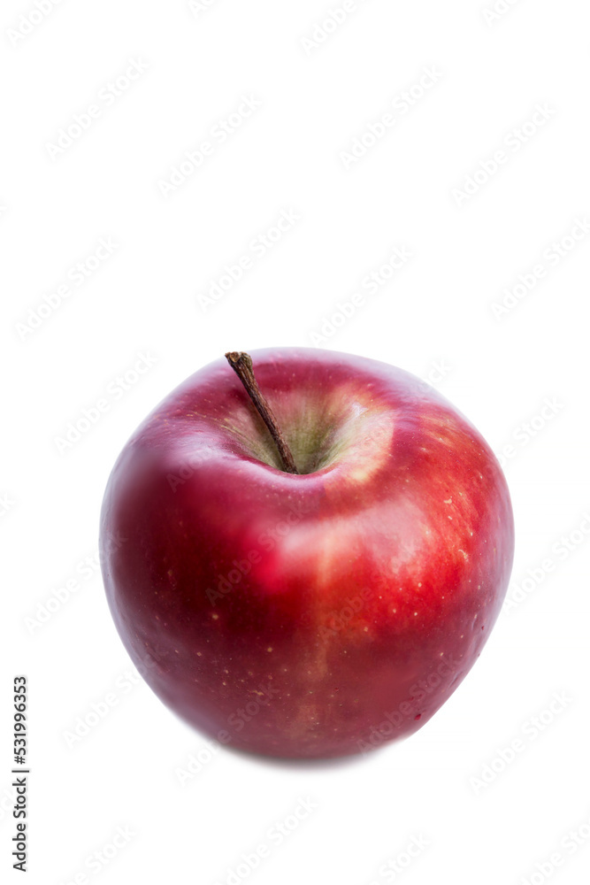 Bright juicy red apple. Vitamins and healthy natural nutrition. Isolated on white background. Vertical. Space for text. Bright juicy red apple. Vitamins and healthy natural nutrition. Isolated on white background. Vertical. Space for text.