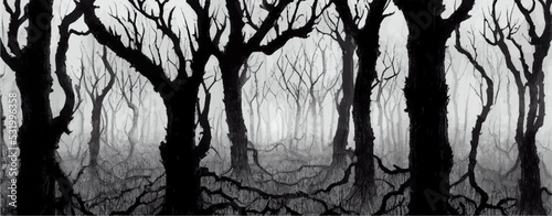 Foggy forest. Dark tree silhouette. Tree trunks in mist. Fog in night forest vector illustration.