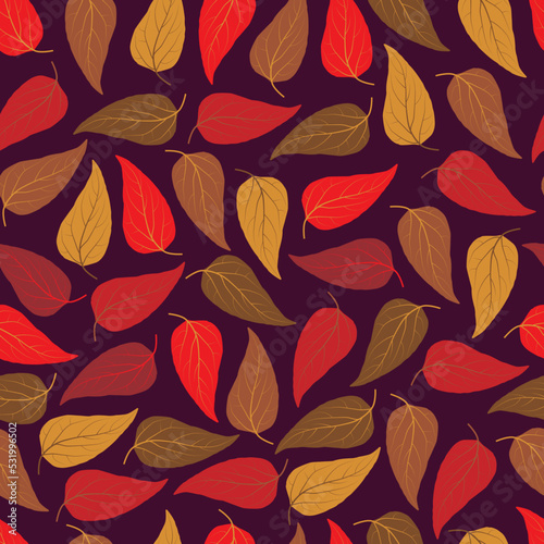 Ornate trendy vector ditsy floral seamless pattern design of autumn color exotic leaves. Artistic vector foliage background for printing and textile
