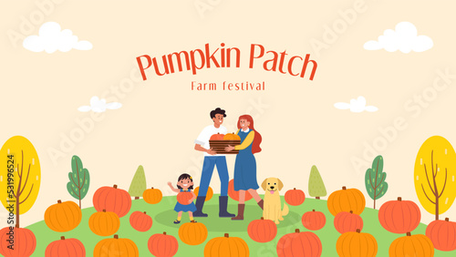 Pumpkin patch farm festival vector illustration. Family having fun together at pumpkin farm