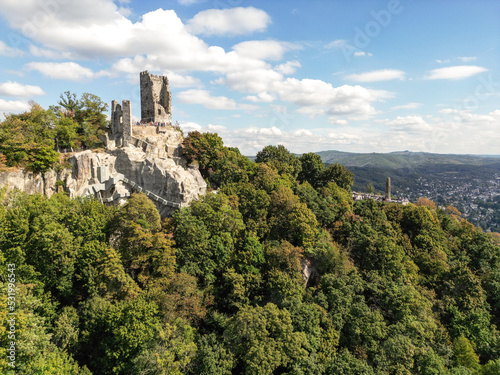 Beautiful Drachenfels Rock at Rhein river Germany areal view