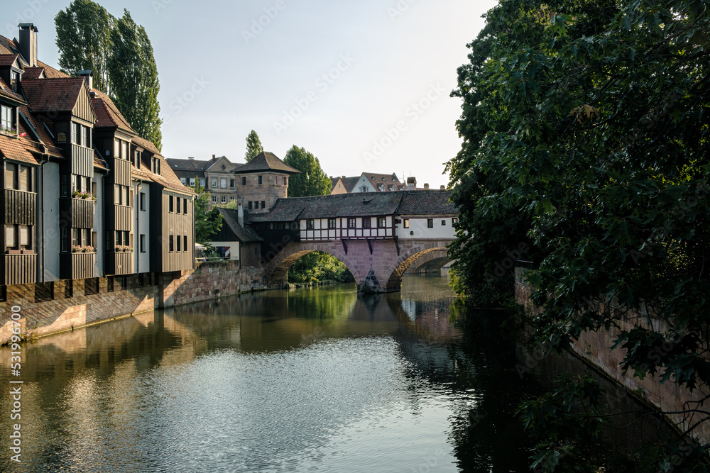 View of the outside from the Henkerbridge over the river Pegnitz in the German city Nuremberg.