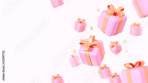 Merry Christmas and Happy New Year.Xmas present.Pink boxes fall effect blur motion.Gold Star.with Christmas ornaments and gifts