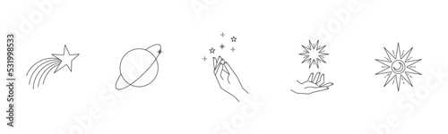 Aesthetic hands and cosmic and celestial elements. Universal cosmos related icons. Linear vector illustrations. Magic and Witchcraft symbology.