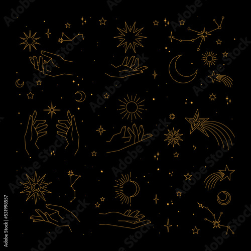 Astrology human hands with stars in boho style. Esoteric elements. Spirituality and magic symbols.