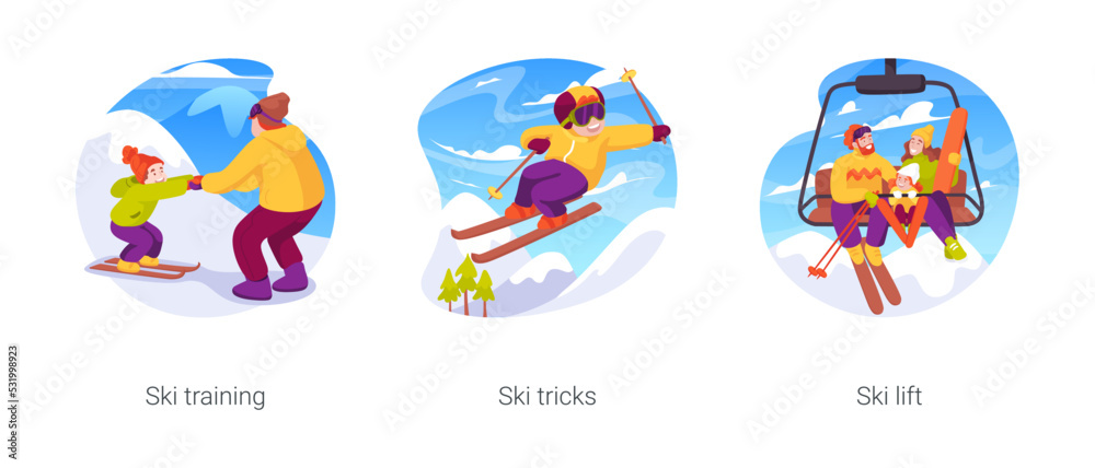 Skiing isolated cartoon vector illustration set