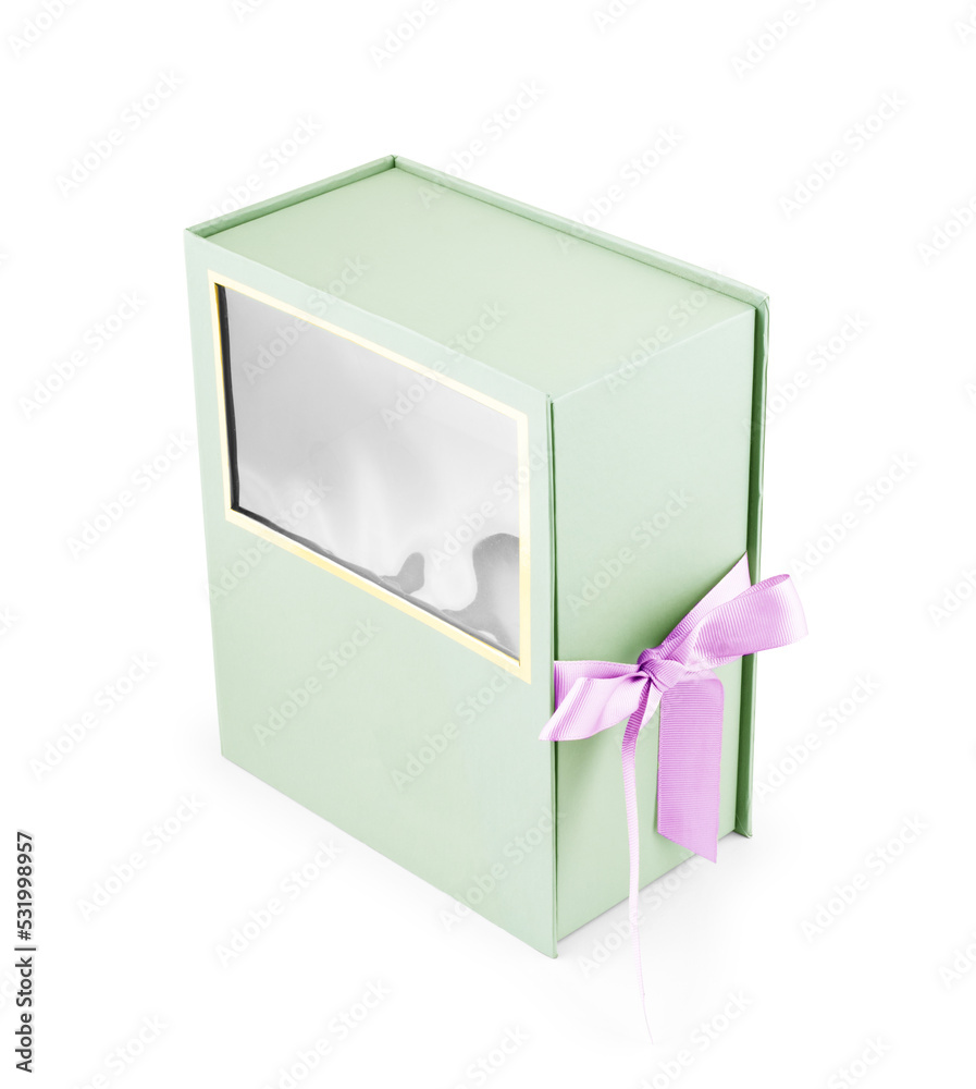 Top view of gift box with violet ribbon on blue background