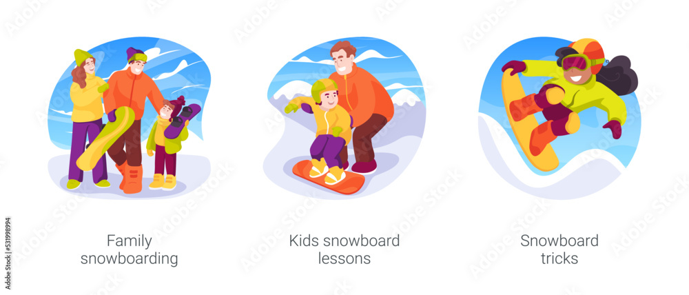 Snowboarding isolated cartoon vector illustration set