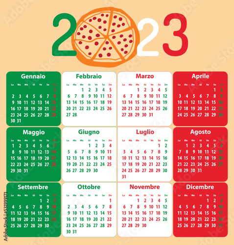 Italian calendar for 2023. Piece of pizza