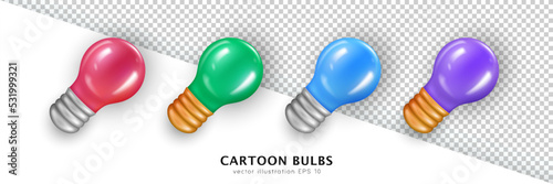 Collection of four three dimensional colorful incandescent bulbs. Vector cartoon glossy pink, green, blue and purple lightbulbs. Realistic filament lamps  for decoration. Electricity 3d icons