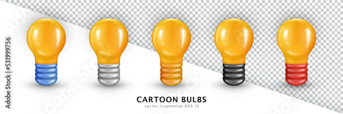 Collection of five cartoon three dimensional Edison fluorescent bulbs. Realistic vector glowing incandescent light bulbs. Front view of 3d yellow filament lamps isolated on transparent background.