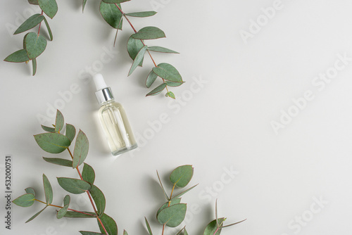 Glass bottle of serum on marble podium and green eucalyptus branches on light grey background top view. Natural layout for cometic product advertising. Copy space for text. Eco concept flat lay. photo