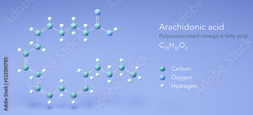 arachidonic acid, molecular structures, omega-6, ball and stick model 3d, Structural Chemical Formula and Atoms with Color Coding photo