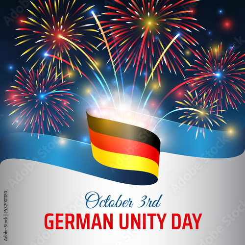 October 3, german unity day, vector template with german flag and colorful fireworks on blue night sky background. Germany national holiday october 3rd. Unity day greeting card