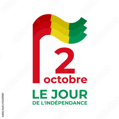 October 2, guinea independence day. Vector template with guinean wavy flag in simple concise style, icon. National holiday of Guinea. Greeting card. Translation: October 2nd Independence Day