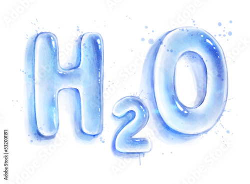 Watercolor illustration of water drops H2O lettering