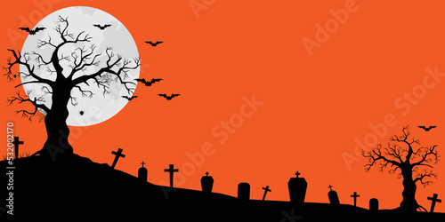Halloween background. The full moon and bats on a orange background. Night sky.Halloween design. Vector illustration