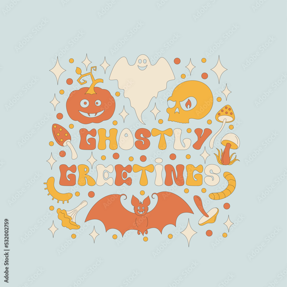 Lettering with retro 70s style Halloween elements. Bat, mushrooms, ghost, skull and a pumpkin. Ghostly greetings phrase text. Autumn simple minimalist background with sparkles. Vector illustration. Lettering with retro 70s style Halloween elements. Bat, mushrooms, ghost, skull and a pumpkin. Ghostly greetings phrase text. Autumn simple minimalist background with sparkles. Vector illustration.