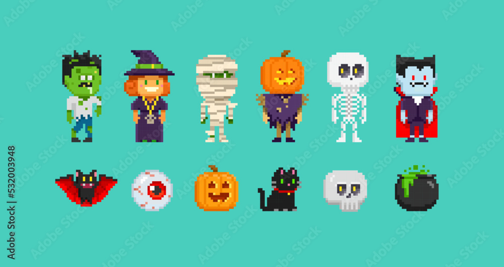 Pixel Art Halloween characters gesign. Mummy, Funny Witch, Zombie