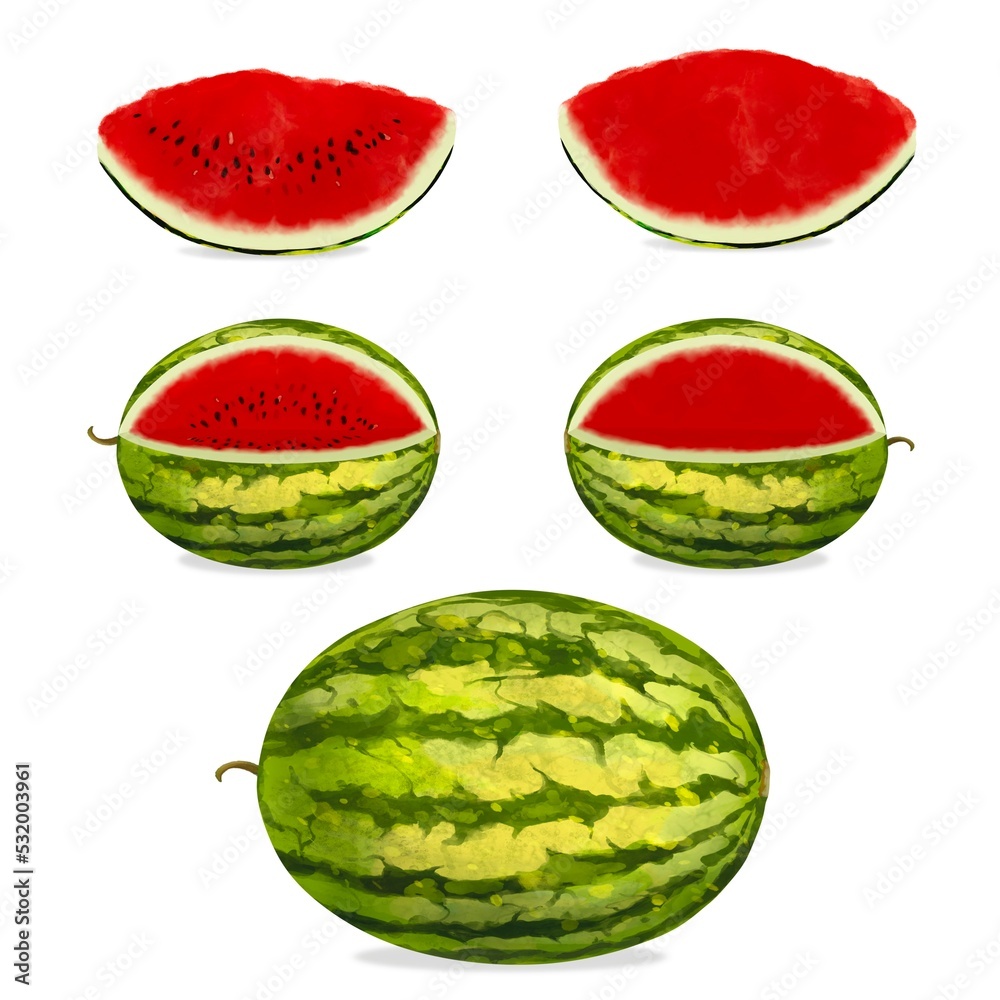 Realistic watercolour painting of juicy ripe sliced and whole watermelon with seeds and seedless isolated on transparent background
Realistic watercolour painting of juicy ripe sliced and whole watermelon with seeds and seedless isolated on transparent background