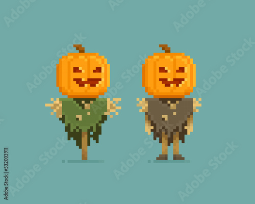 Pixel Art Scarecrow or Bogeyman with pumpkin head in 8-bit retro computer game style. Cute pixel characters for Happy Halloween design. Editable vector illustration photo